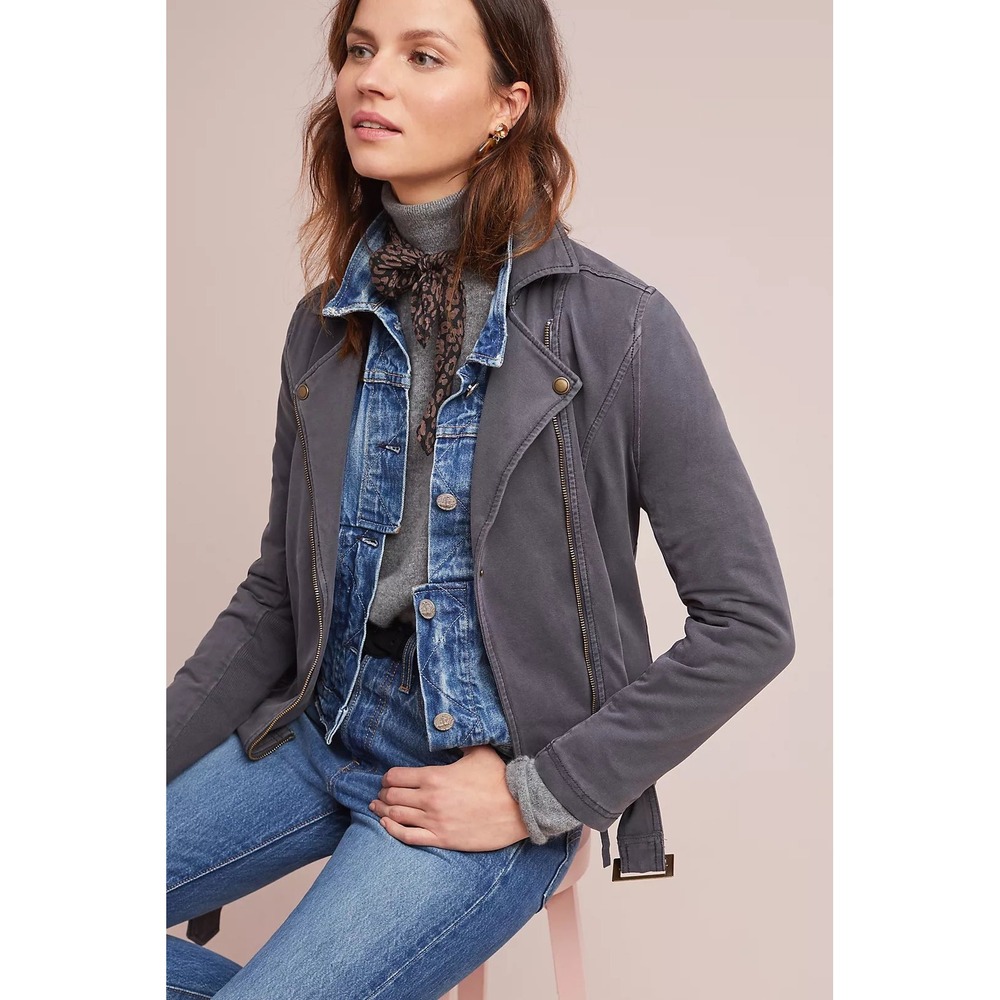 Anthropologie Marrakech Ryder Moto Jacket Gray Stretch Cotton Belted Asymmetric